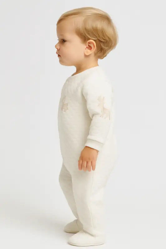 Krem Little Deer Yan Çıtçıtlı Kapalı Ayak Quilted Bebek Tulum | % 100 Pamuk | Unisex 0-12 Ay - Bebek Giyim/Erkek Bebek