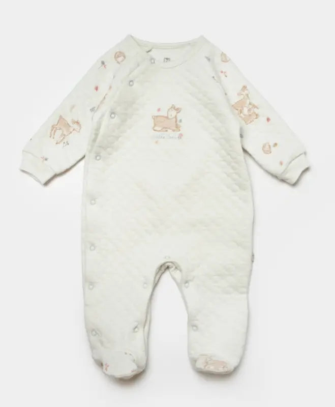 Krem Little Deer Yan Çıtçıtlı Kapalı Ayak Quilted Bebek Tulum | % 100 Pamuk | Unisex 0-12 Ay - Bebek Giyim/Erkek Bebek