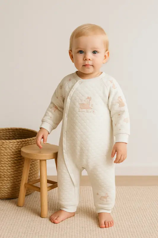 Krem Little Deer Yan Çıtçıtlı Kapalı Ayak Quilted Bebek Tulum | % 100 Pamuk | Unisex 0-12 Ay - Bebek Giyim/Erkek Bebek