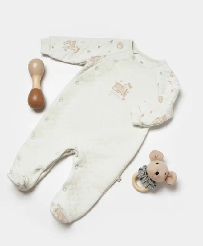 Krem Little Deer Yan Çıtçıtlı Kapalı Ayak Quilted Bebek Tulum | % 100 Pamuk | Unisex 0-12 Ay - Bebek Giyim/Erkek Bebek