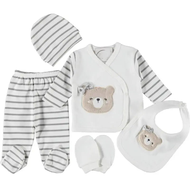 Kurdeleli Unisex Ayı Figürlü Kız Bebek 5’Li Zıbın Seti 0-3 Ay - krem / 0-3 ay - Bebek Giyim/Kız Bebek Giyim/Kız Hastane
