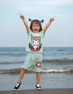 Kuromi Baskılı Sarı Kız Çocuk Şortlu Takım | % 100 Pamuk | 3-6 Yaş Yazlık İkili Set - Kız Çocuk Giyim/Kız Çocuk Takım