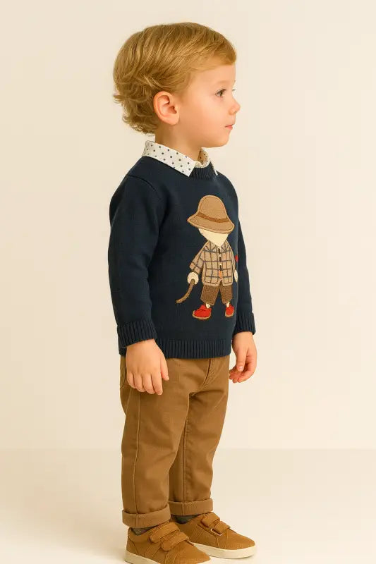 Lacivert Nakışlı Erkek Çocuk Triko Kazak – Şapkalı Çocuk Deseni | 2-5 Yaş | Almira Bebek - Bebek Giyim/Erkek Bebek