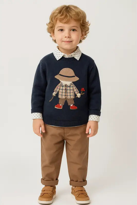 Lacivert Nakışlı Erkek Çocuk Triko Kazak – Şapkalı Çocuk Deseni | 2-5 Yaş | Almira Bebek - Bebek Giyim/Erkek Bebek