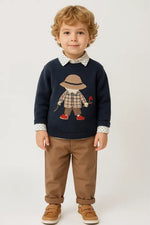 Lacivert Nakışlı Erkek Çocuk Triko Kazak – Şapkalı Çocuk Deseni | 2-5 Yaş | Almira Bebek - Bebek Giyim/Erkek Bebek