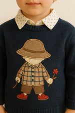 Lacivert Nakışlı Erkek Çocuk Triko Kazak – Şapkalı Çocuk Deseni | 2-5 Yaş | Almira Bebek - Bebek Giyim/Erkek Bebek