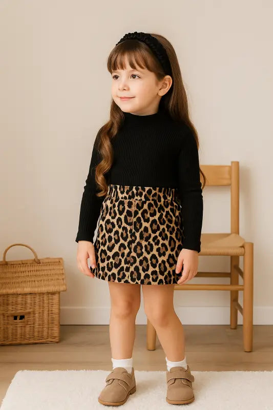 Leopar Desenli Mini Etek & Siyah Fitilli Boğazlı Üst – Kız Çocuk 5-7 Yaş Sokak Şıklığı” - Kız Çocuk Giyim/Kız Çocuk