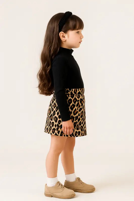 Leopar Desenli Mini Etek & Siyah Fitilli Boğazlı Üst – Kız Çocuk 5-7 Yaş Sokak Şıklığı” - Kız Çocuk Giyim/Kız Çocuk