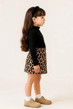 Leopar Desenli Mini Etek & Siyah Fitilli Boğazlı Üst – Kız Çocuk 5-7 Yaş Sokak Şıklığı” - Kız Çocuk Giyim/Kız Çocuk