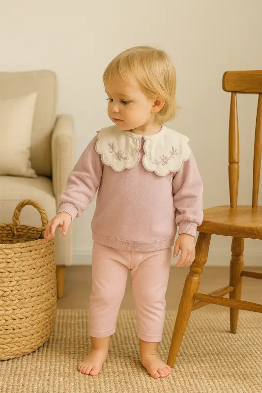 Lila Çiçek Nakışlı Pelerin Yakalı Bebek Sweatshirt & Tayt Takımı | % 100 Pamuk | 1-2 Yaş Kız Bebek - Bebek Giyim/Kız