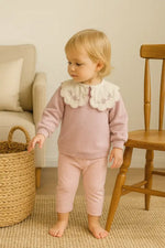 Lila Çiçek Nakışlı Pelerin Yakalı Bebek Sweatshirt & Tayt Takımı | % 100 Pamuk | 1-2 Yaş Kız Bebek - Bebek Giyim/Kız