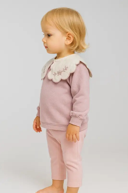 Lila Çiçek Nakışlı Pelerin Yakalı Bebek Sweatshirt & Tayt Takımı | % 100 Pamuk | 1-2 Yaş Kız Bebek - Bebek Giyim/Kız