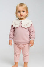 Lila Çiçek Nakışlı Pelerin Yakalı Bebek Sweatshirt & Tayt Takımı | % 100 Pamuk | 1-2 Yaş Kız Bebek - Bebek Giyim/Kız