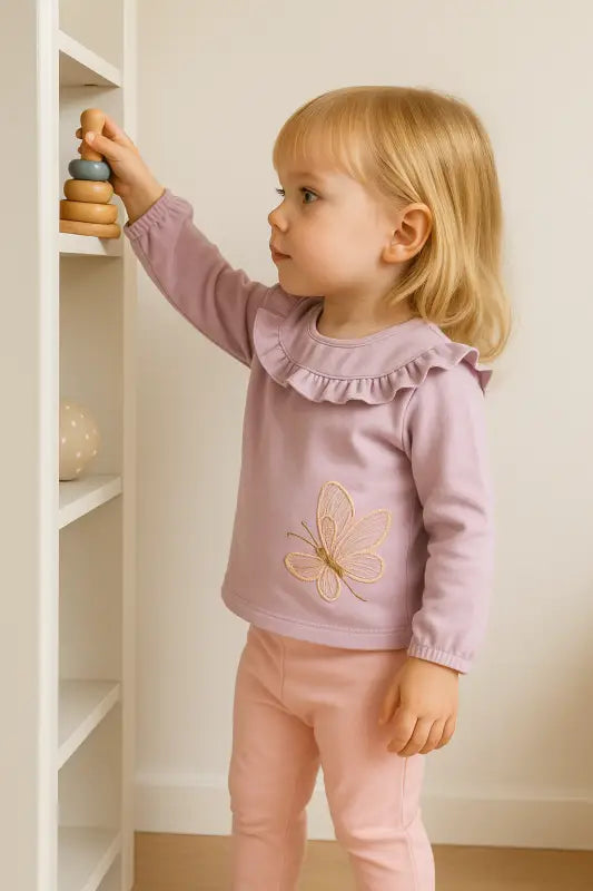 Lila Kelebek Nakışlı Fırfır Yakalı Bebek Takımı – Pudra Pembe Tayt | % 100 Pamuk | 1-2 Yaş Kız Bebek - Bebek Giyim/Kız