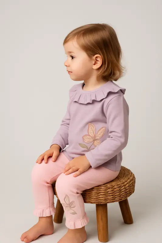 Lila Kelebek Nakışlı Fırfır Yakalı Bebek Takımı – Pudra Pembe Tayt | % 100 Pamuk | 1-2 Yaş Kız Bebek - Bebek Giyim/Kız