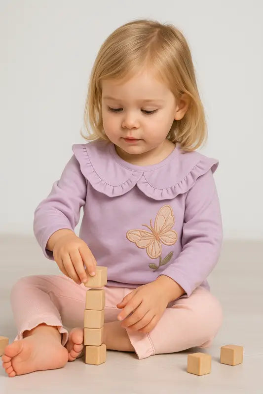 Lila Kelebek Nakışlı Fırfır Yakalı Bebek Takımı – Pudra Pembe Tayt | % 100 Pamuk | 1-2 Yaş Kız Bebek - Bebek Giyim/Kız