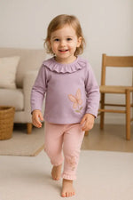 Lila Kelebek Nakışlı Fırfır Yakalı Bebek Takımı – Pudra Pembe Tayt | % 100 Pamuk | 1-2 Yaş Kız Bebek - Bebek Giyim/Kız