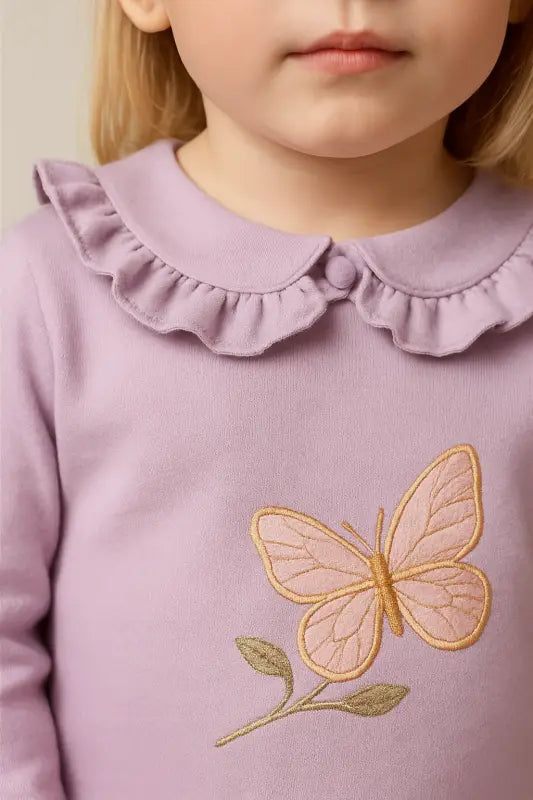 Lila Kelebek Nakışlı Fırfır Yakalı Bebek Takımı – Pudra Pembe Tayt | % 100 Pamuk | 1-2 Yaş Kız Bebek - Bebek Giyim/Kız