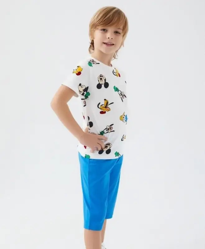 Mickey Mouse Desenli Erkek Kapri Takım | Mavi & Beyaz | 2 - 9 Yaş - Erkek Çocuk Giyim/Erkek Çocuk Takım