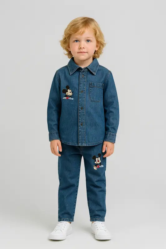 Mickey Mouse Nakışlı Erkek Çocuk Kot Takım | Denim Gömlek + Jean Pantolon | 4-6 Yaş - Erkek Çocuk Giyim/Erkek Çocuk