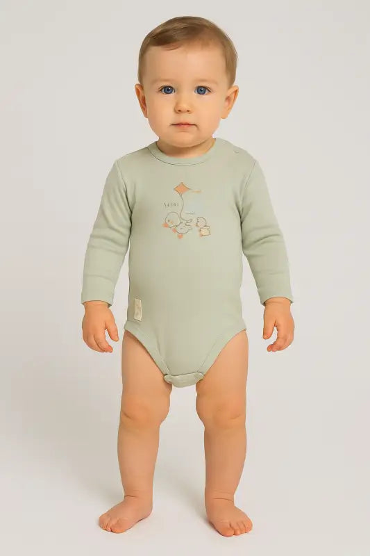 “Mint Yeşili Ördek Baskılı Uzun Kollu Organik Pamuk Bebek Body (0-12 Ay)” - Bebek Giyim/Erkek Bebek Giyim/Erkek Bebek