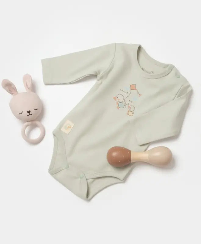 “Mint Yeşili Ördek Baskılı Uzun Kollu Organik Pamuk Bebek Body (0-12 Ay)” - Bebek Giyim/Erkek Bebek Giyim/Erkek Bebek