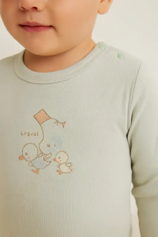“Mint Yeşili Ördek Baskılı Uzun Kollu Organik Pamuk Bebek Body (0-12 Ay)” - Bebek Giyim/Erkek Bebek Giyim/Erkek Bebek