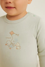 “Mint Yeşili Ördek Baskılı Uzun Kollu Organik Pamuk Bebek Body (0-12 Ay)” - Bebek Giyim/Erkek Bebek Giyim/Erkek Bebek