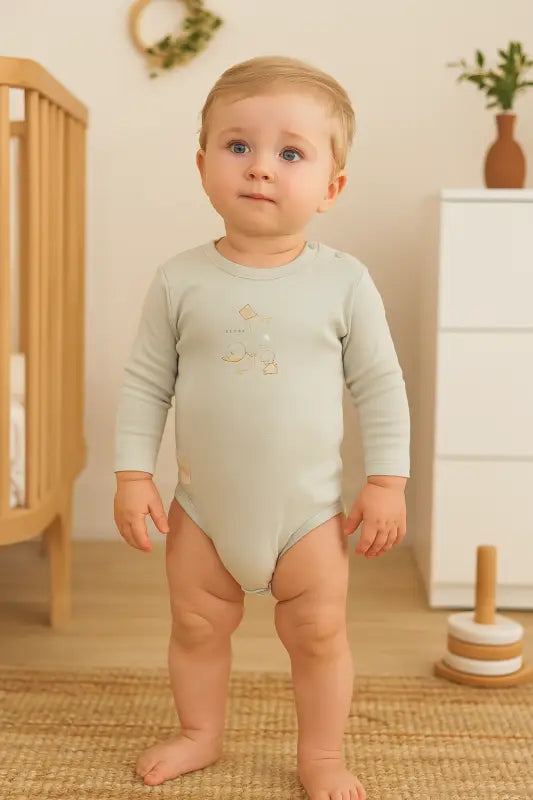 “Mint Yeşili Ördek Baskılı Uzun Kollu Organik Pamuk Bebek Body (0-12 Ay)” - Bebek Giyim/Erkek Bebek Giyim/Erkek Bebek