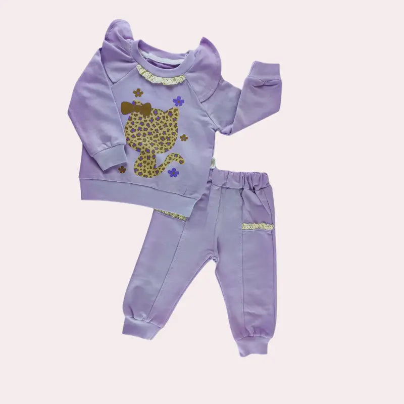 Omuzları Fırfırlı Kız Çocuk Takımı | Mor Renk | Sweat Ve Alt Pantolon | Mor | 18 - 24 Ay - Bebek Giyim/Kız Bebek