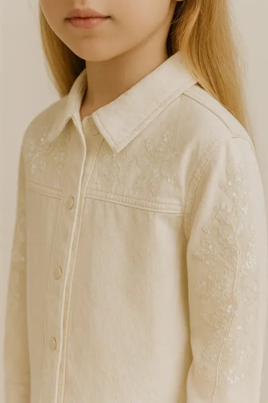 Paillette İşlemeli Krem Denim Kız Çocuk Ceket – Işıltılı % 100 Pamuk | 8-10 Yaş Mevsimlik Şıklık” - Kız Çocuk Giyim/Kız