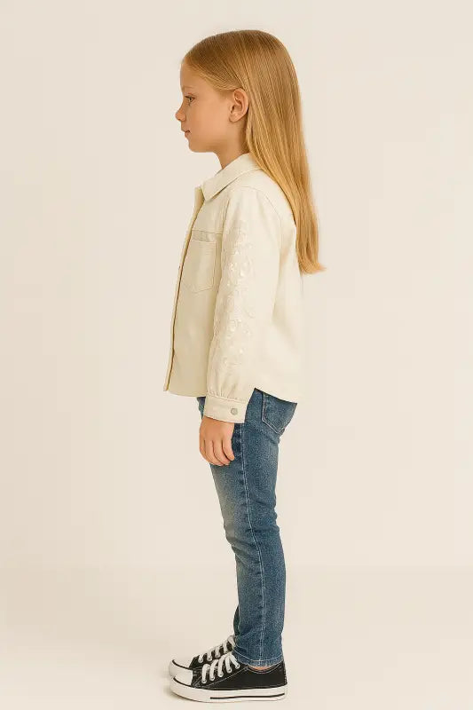 Paillette İşlemeli Krem Denim Kız Çocuk Ceket – Işıltılı % 100 Pamuk | 8-10 Yaş Mevsimlik Şıklık” - Kız Çocuk Giyim/Kız