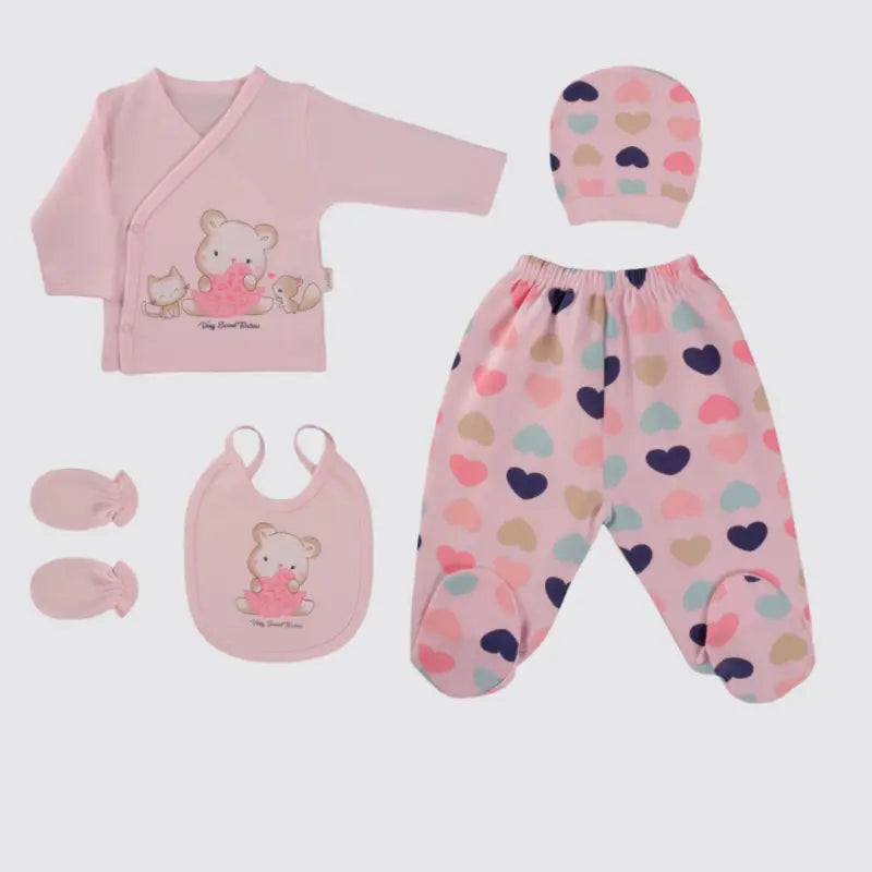 Pembe Kalpli Tavşan Desenli 5 Parça Kız Bebek Zıbın Seti - pembe / 0-3 ay - Kategorisiz