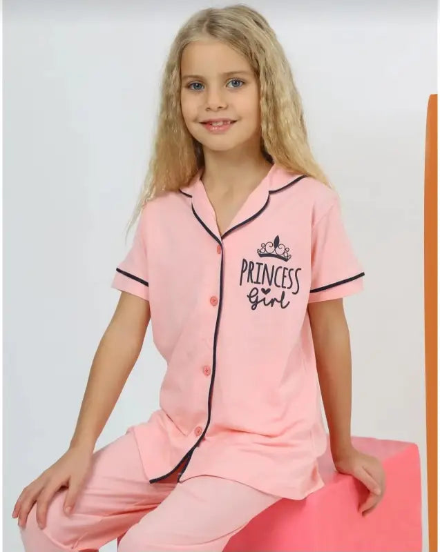 Princess Girl Baskılı Kısa Kollu Kız Çocuk Pijama Takımı | Düğmeli | 4-7 Yaş - Kız Çocuk Giyim/Kız Çocuk Pijama