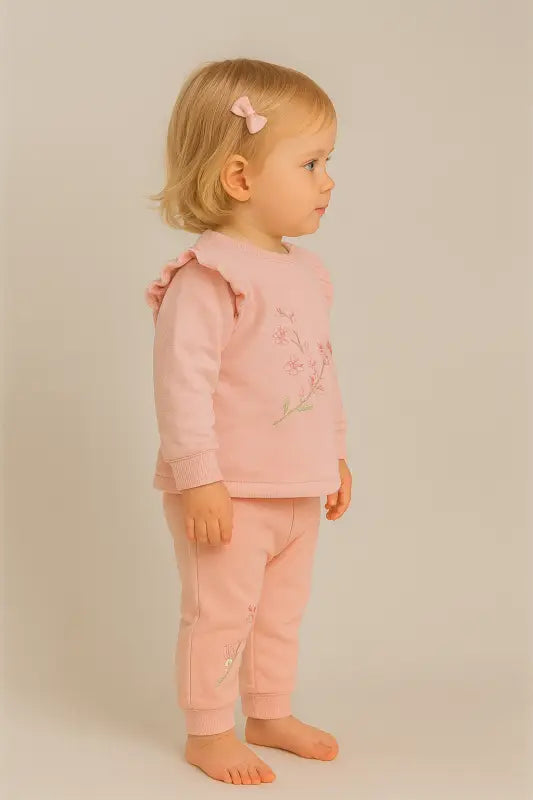 Pudra Çiçek Nakışlı Kız Bebek 2’Li Eşofman Takımı (Sweatshirt & Jogger) | Almira Bebek - Bebek Giyim/Kız Bebek
