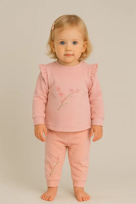 Pudra Çiçek Nakışlı Kız Bebek 2’Li Eşofman Takımı (Sweatshirt & Jogger) | Almira Bebek - Bebek Giyim/Kız Bebek
