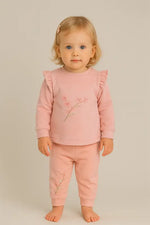 Pudra Çiçek Nakışlı Kız Bebek 2’Li Eşofman Takımı (Sweatshirt & Jogger) | Almira Bebek - Bebek Giyim/Kız Bebek