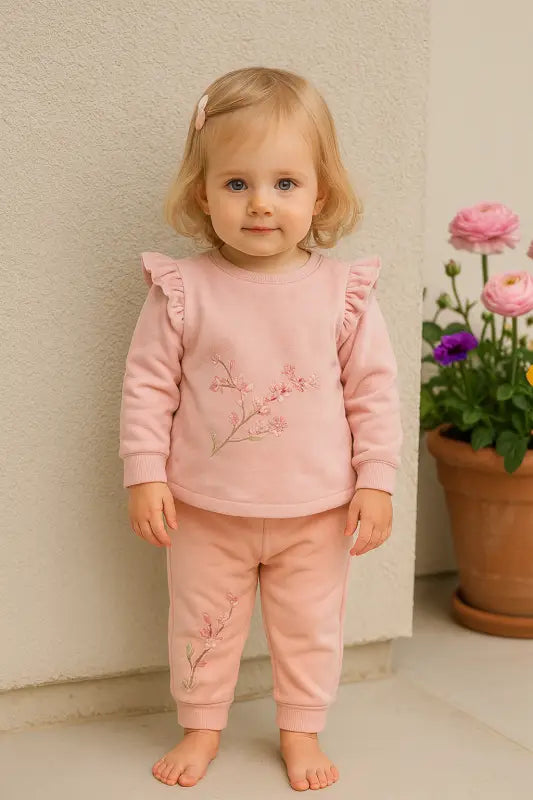 Pudra Çiçek Nakışlı Kız Bebek 2’Li Eşofman Takımı (Sweatshirt & Jogger) | Almira Bebek - Bebek Giyim/Kız Bebek