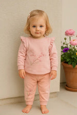 Pudra Çiçek Nakışlı Kız Bebek 2’Li Eşofman Takımı (Sweatshirt & Jogger) | Almira Bebek - Bebek Giyim/Kız Bebek