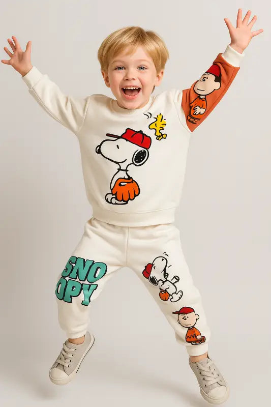 Snoopy Baskılı Erkek Bebek Eşofman Takımı – Beyaz Color-Block Kol 1-3 Yaş | Almira Bebek - Bebek Giyim/Erkek Bebek