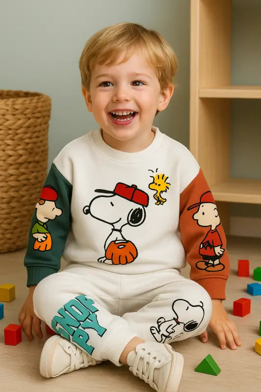 Snoopy Baskılı Erkek Bebek Eşofman Takımı – Beyaz Color-Block Kol 1-3 Yaş | Almira Bebek - Bebek Giyim/Erkek Bebek