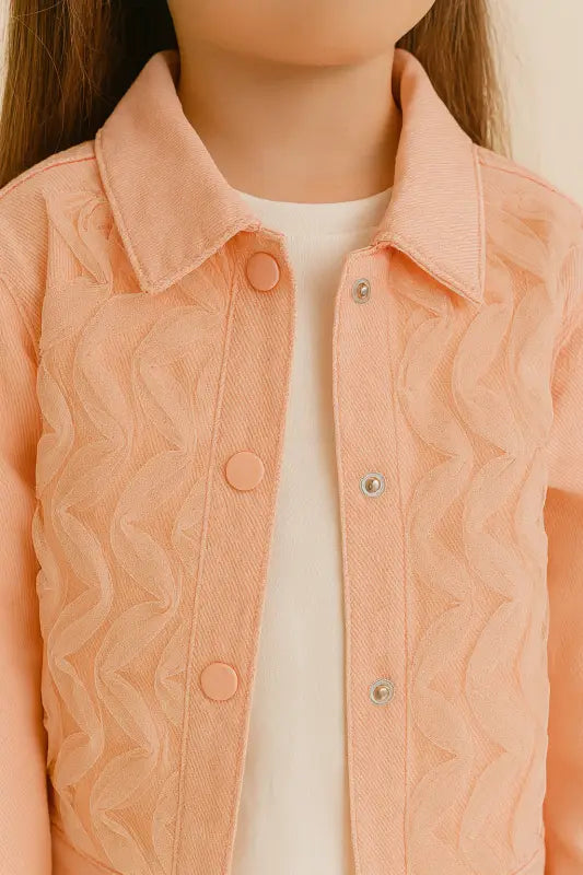 Somon Tül İşlemeli Kız Çocuk Denim Ceket – Çıtçıtlı Pamuklu 7-9 Yaş Pastel Şıklığı” - Kız Çocuk Giyim/Kız Çocuk Takım