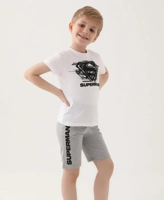 Süpermen Desenli Erkek Çocuk Takım | Şort & Tshirt Takım | Beyaz & Gri | 6 - 9 Yaş - Erkek Çocuk Giyim/Erkek Çocuk Takım