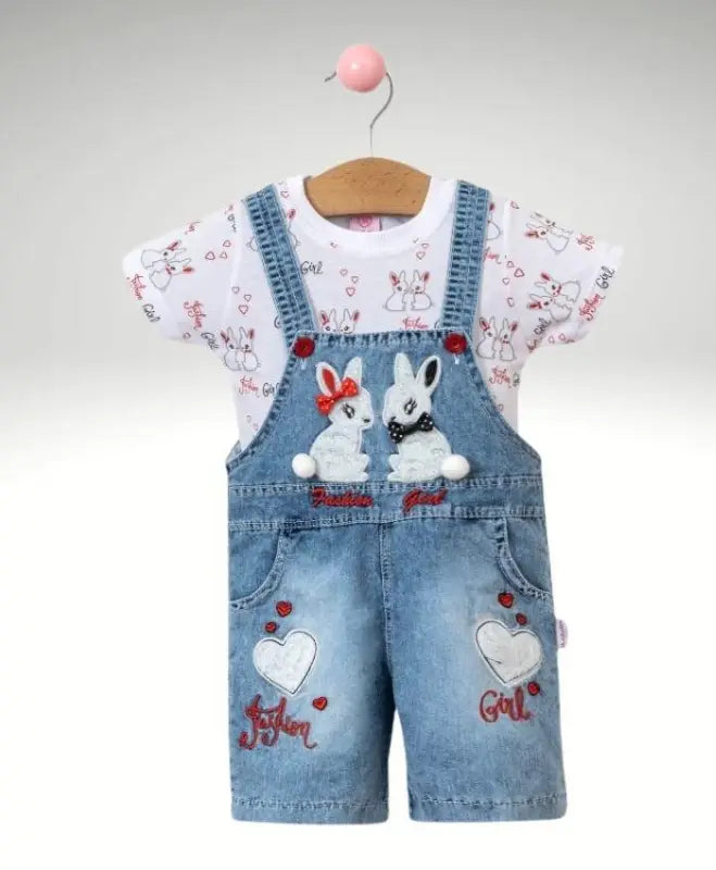 Tavşan Baskılı Kısakol Tişörtlü Kot Salopet Takım - 12 - 18 - 24 Ay - Kız Bebek -Şortlu - Salopet - Bebek Giyim/Kız