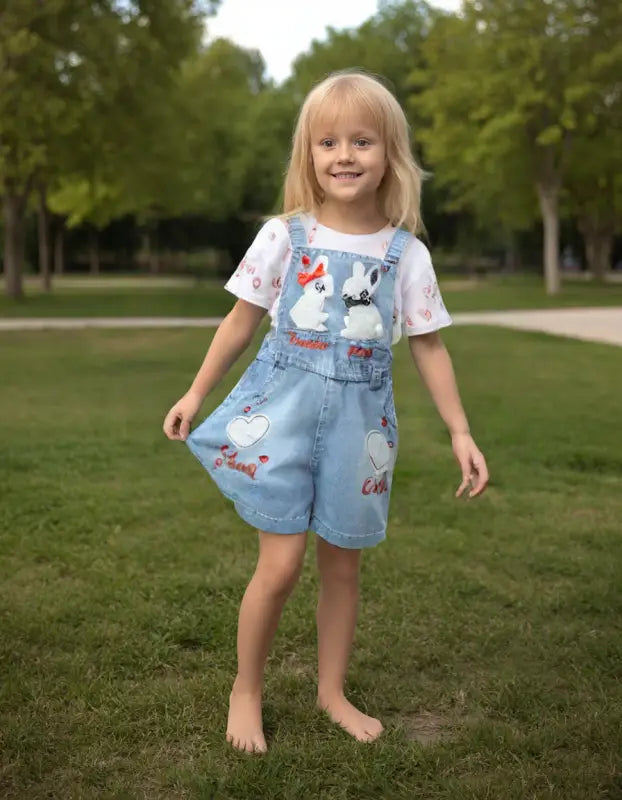 Tavşan Baskılı Kısakol Tişörtlü Kot Salopet Takım - 12 - 18 - 24 Ay - Kız Bebek -Şortlu - Salopet - Bebek Giyim/Kız