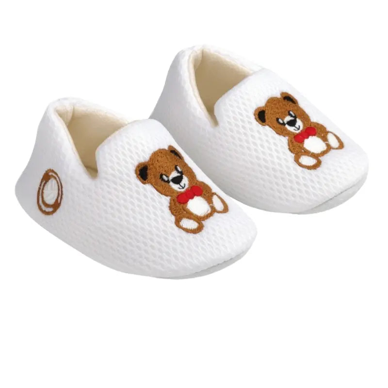 Unisex Ayıcık Nakışlı Beyaz Patik - Keten - Kaymaz Taban - Beyaz Renk - 19 - 22 Numara - Çocuk Ayakkabıları/Bebek