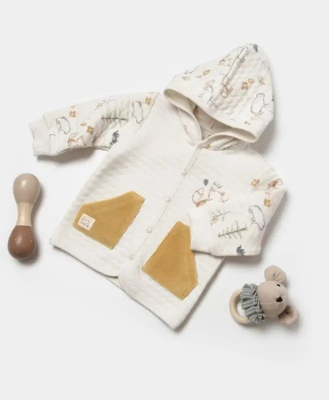 Unisex Kadife Cepli Önden Çıtçıt Detaylı Yavru Tilki Baskılı Kapşonlu Pamuklu Hırka - Bebek Giyim/Erkek Bebek