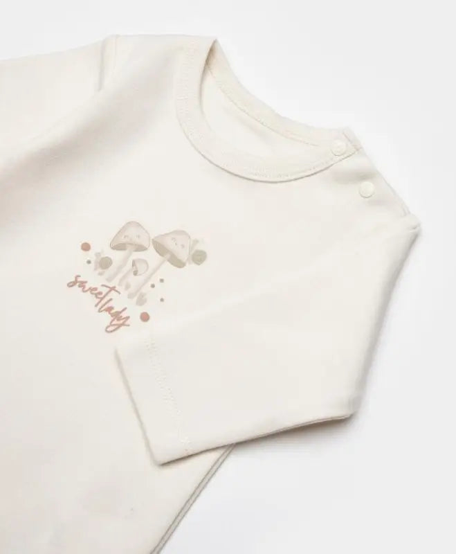 Unisex Mantar Baskılı Boydan Çıtçıtlı Organik Pamuklu Ayaklı Tulum Zıbın Seti Ayaklı Tulum - krem / 0-3 ay - Bebek