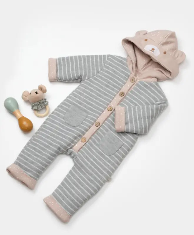 Unisex Önden Düğme Detaylı Cepli İç Kısmı Welsoft Kapşonlu Uzun Kollu Tulum - Bebek Giyim/Kız Bebek Giyim/Kız Bebek