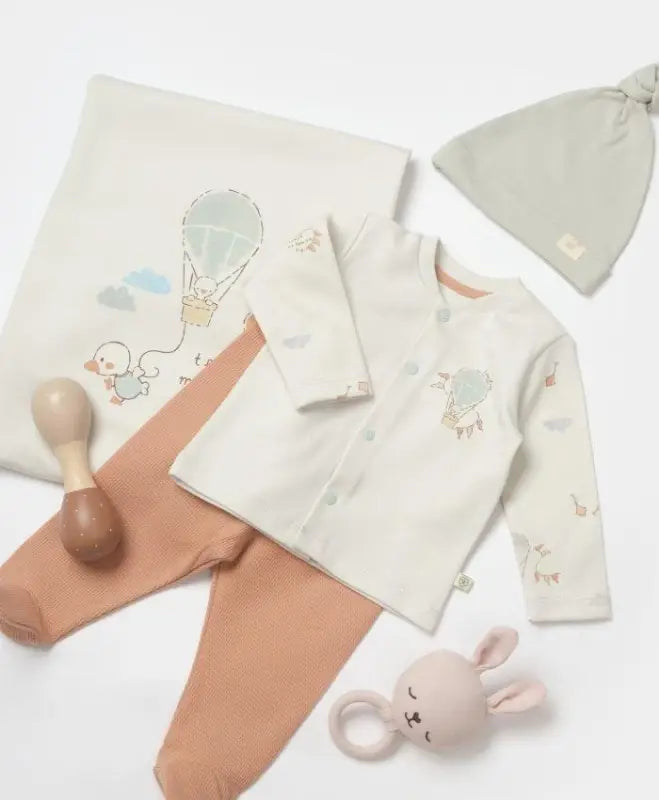 Unisex Uçan Balon Baskılı Önden Çıtçıtlı Üst Waffle Kumaşlı Ayaklı Alt Pantolonlu Battaniyeli Zıbın Seti - mint